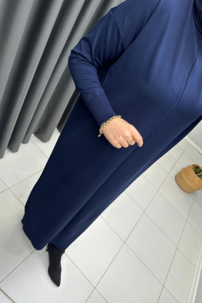 Önü Çizgi Detay Merserize Elbise  Lacivert