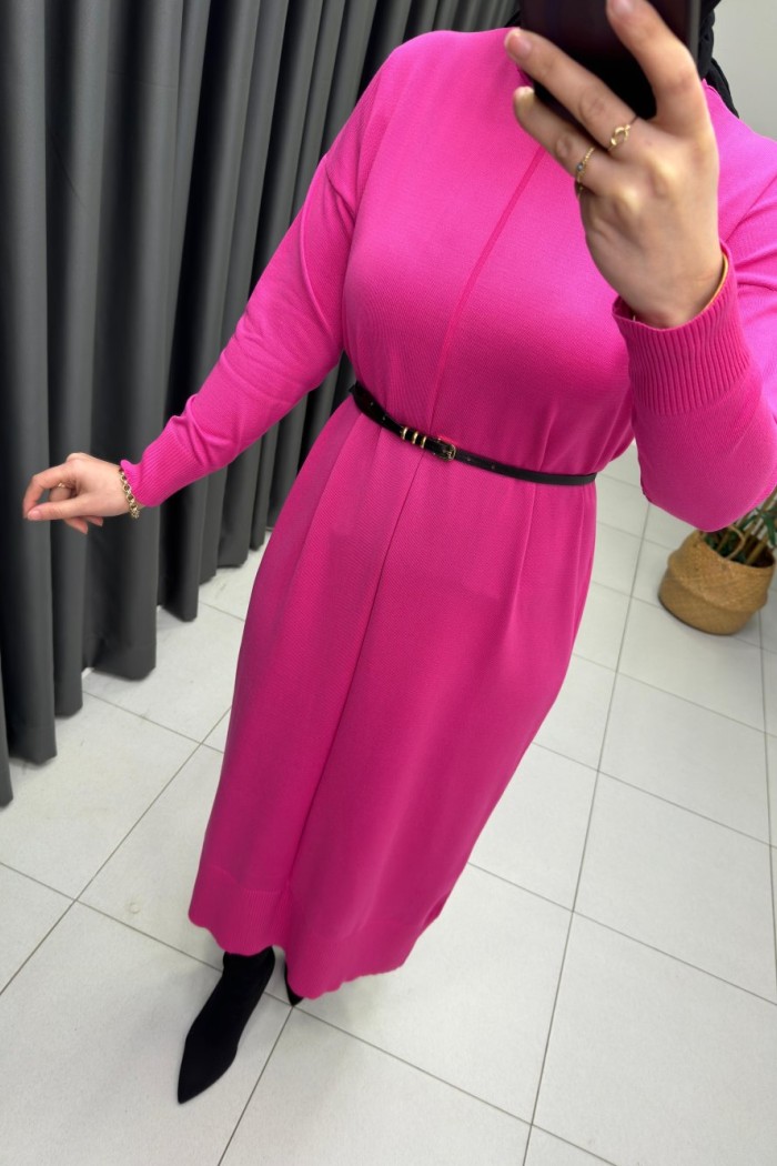 Önü Çizgi Detay Merserize Elbise  Pembe