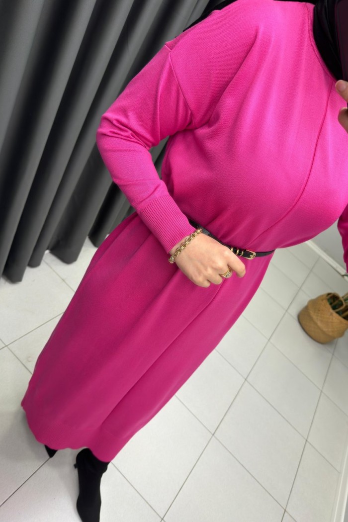 Önü Çizgi Detay Merserize Elbise  Pembe