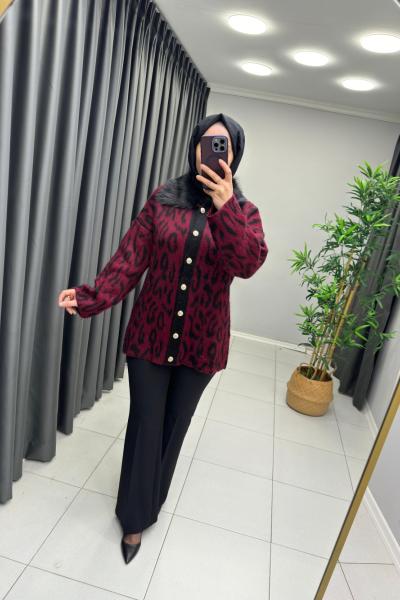 Yakası Kürklü Leopar Hırka  Bordo