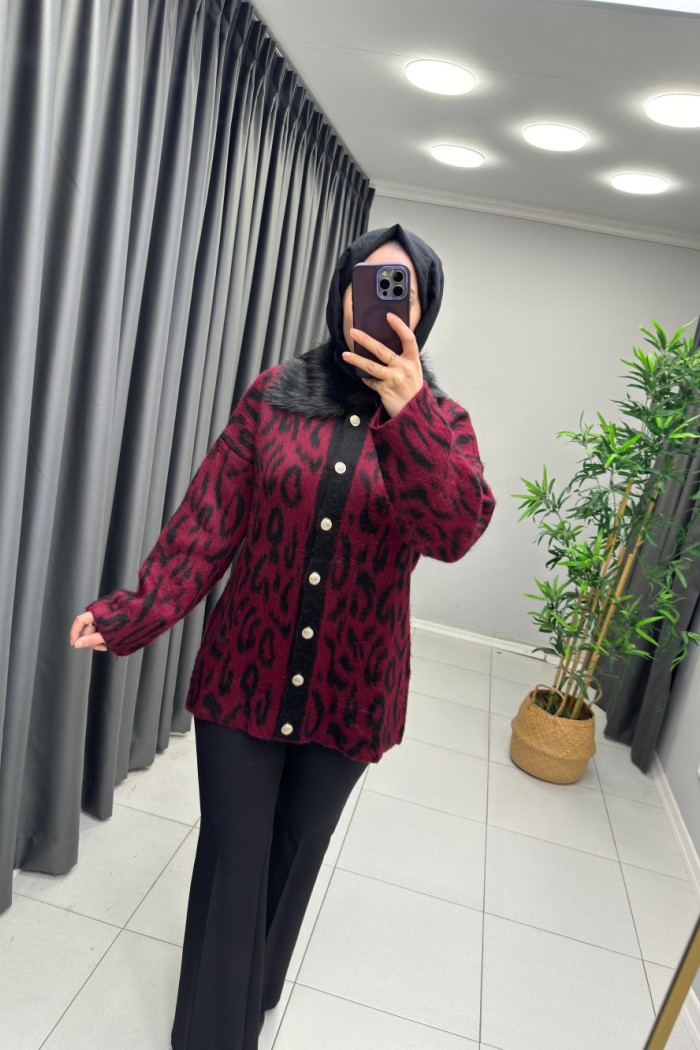 Yakası Kürklü Leopar Hırka  Bordo
