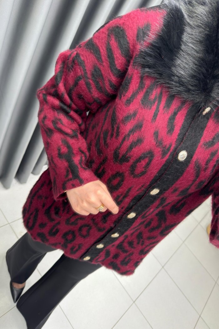 Yakası Kürklü Leopar Hırka  Bordo