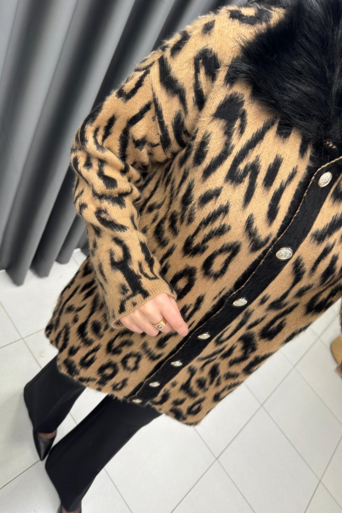 Yakası Kürklü Leopar Hırka  Camel