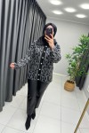 Yakası Kürklü Leopar Hırka  Gri Siyah