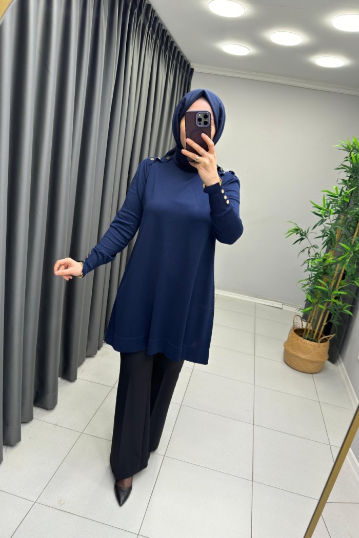 Omzu Patlı Merserize Tunik  Lacivert