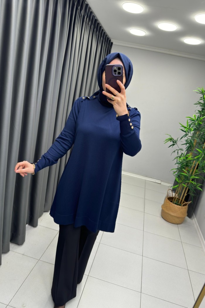 Omzu Patlı Merserize Tunik  Lacivert