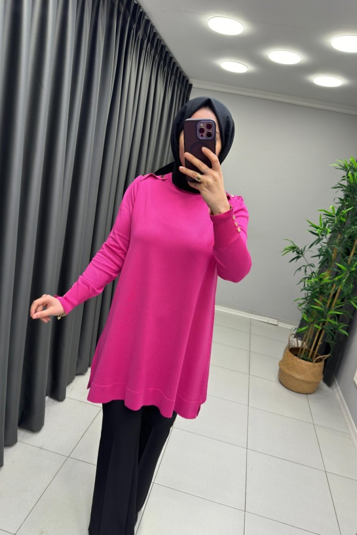 Omzu Patlı Merserize Tunik  Pembe