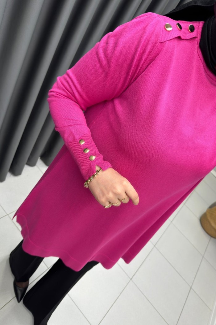 Omzu Patlı Merserize Tunik  Pembe