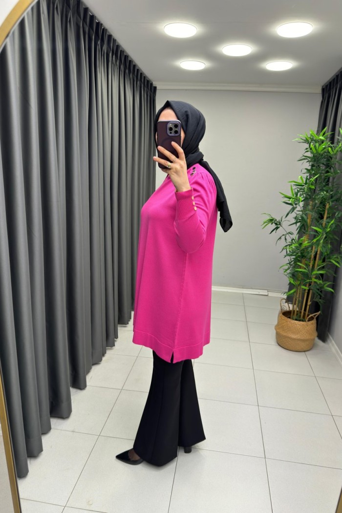 Omzu Patlı Merserize Tunik  Pembe