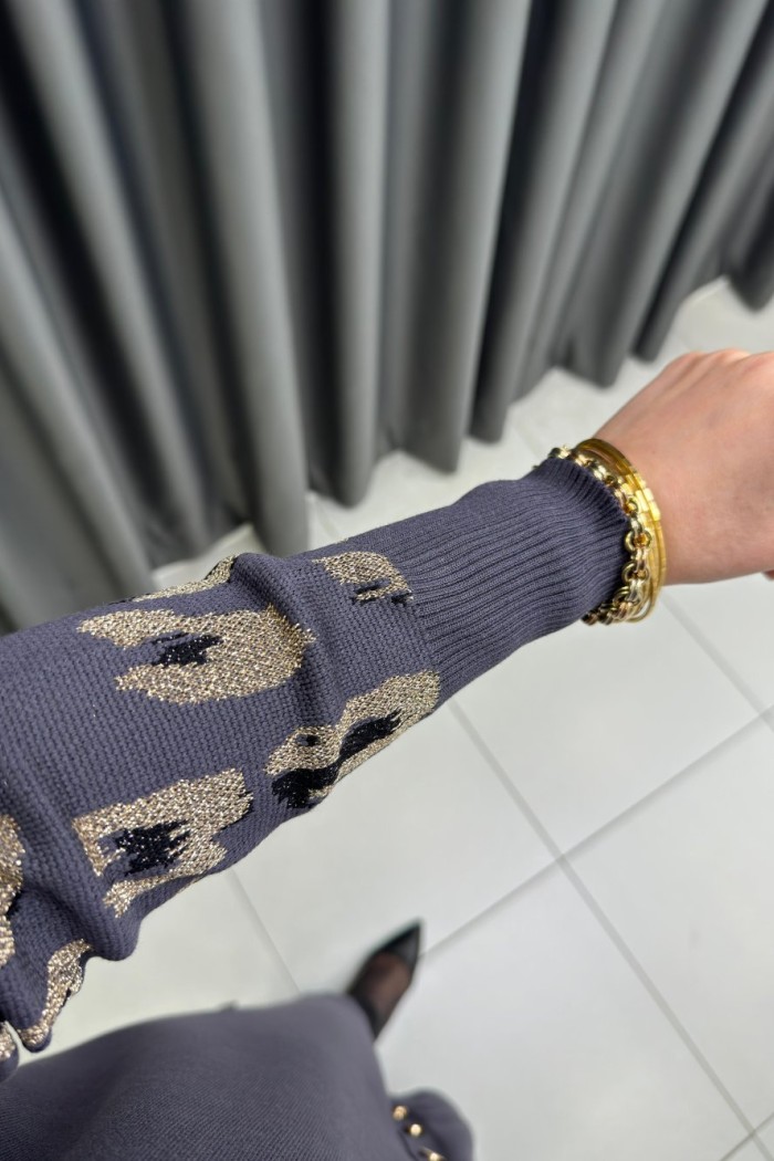 LEOPAR DESEN MERSERİZE HIRKA  Antrasit