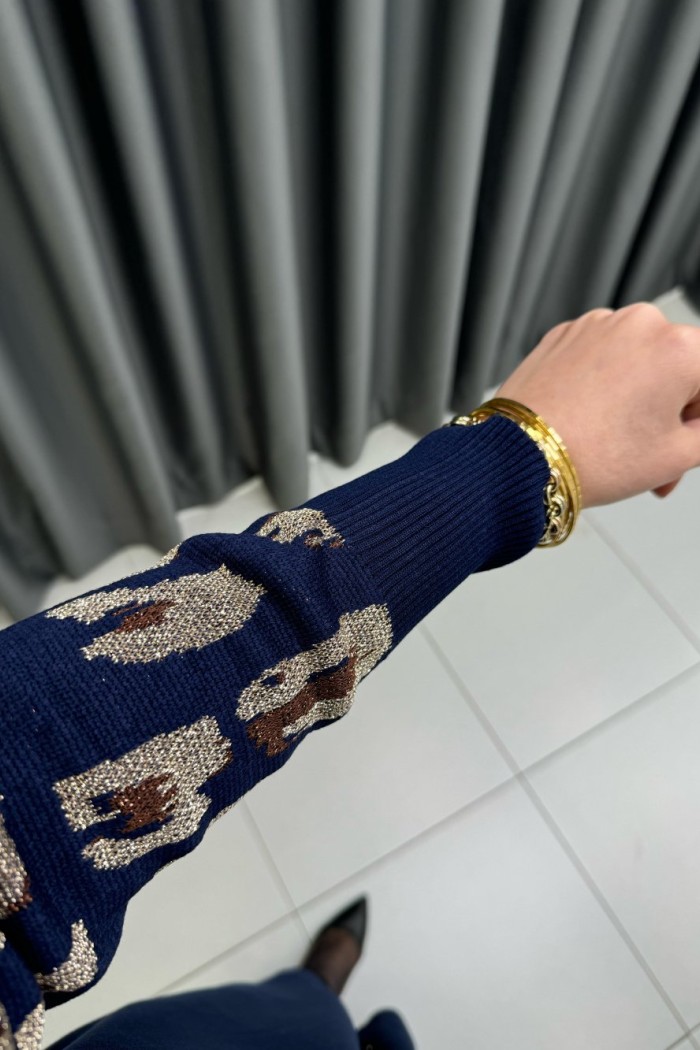 LEOPAR DESEN MERSERİZE HIRKA  Lacivert