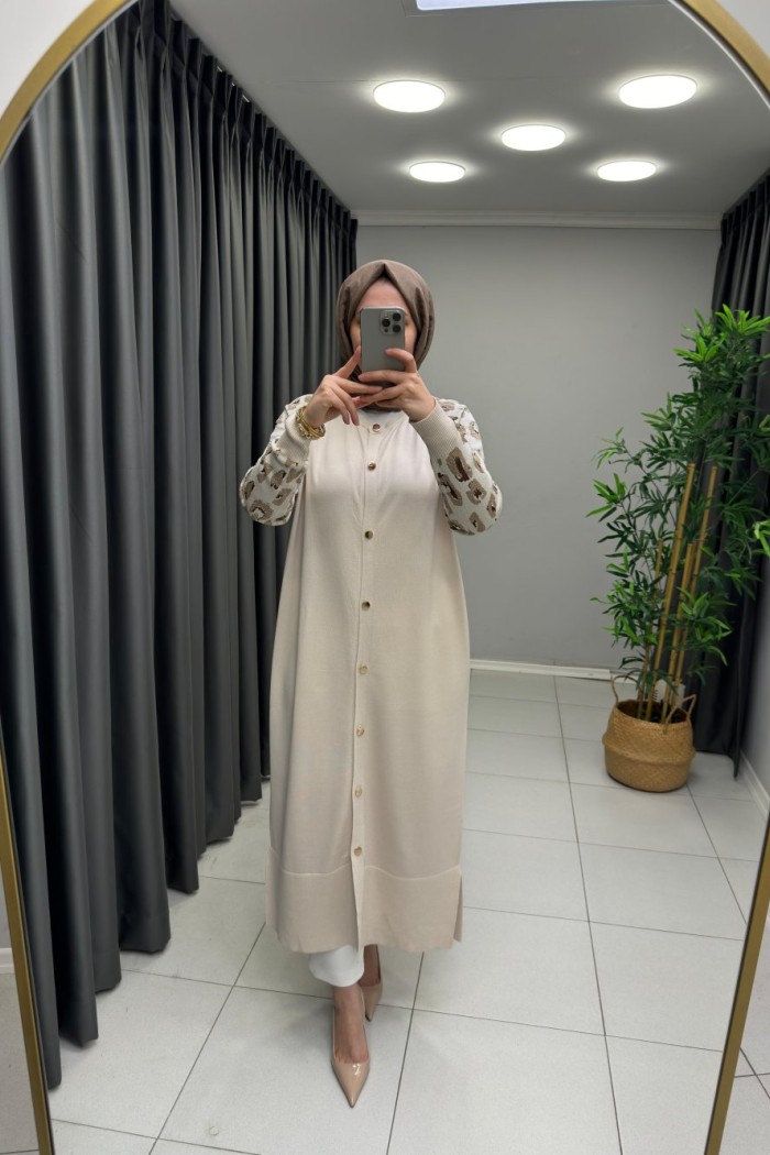 LEOPAR DESEN MERSERİZE HIRKA  Taş Rengi