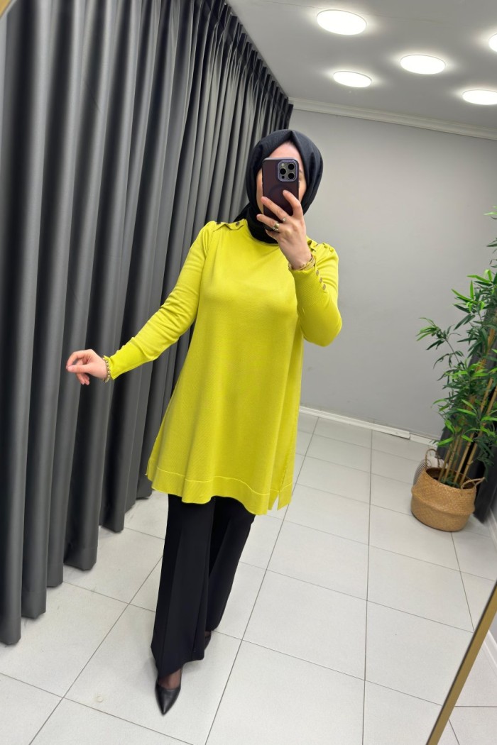 Omzu Patlı Merserize Tunik  Yağ Yeşili