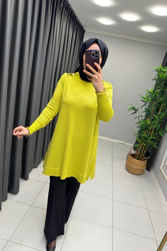 Omzu Patlı Merserize Tunik  Yağ Yeşili