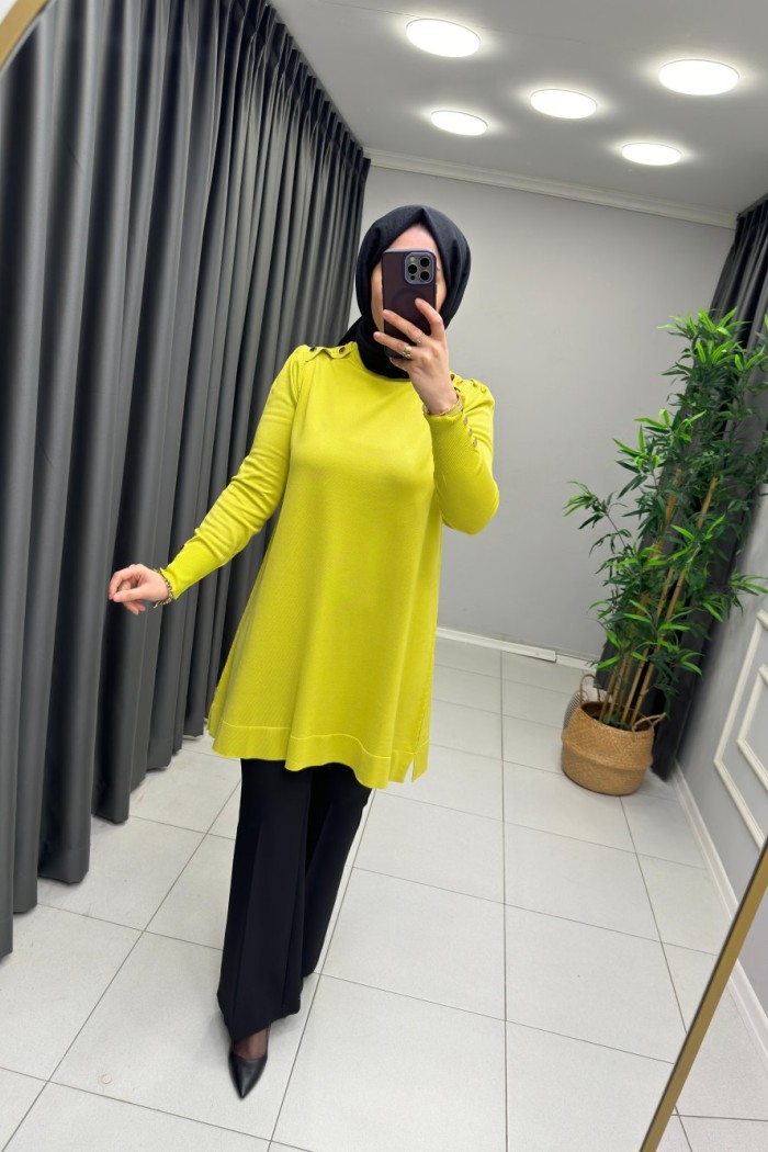 Omzu Patlı Merserize Tunik  Yağ Yeşili