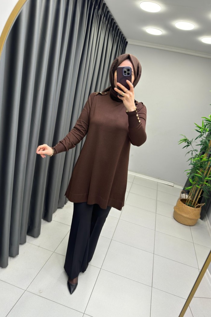 Omzu Patlı Merserize Tunik  Acı Kahve