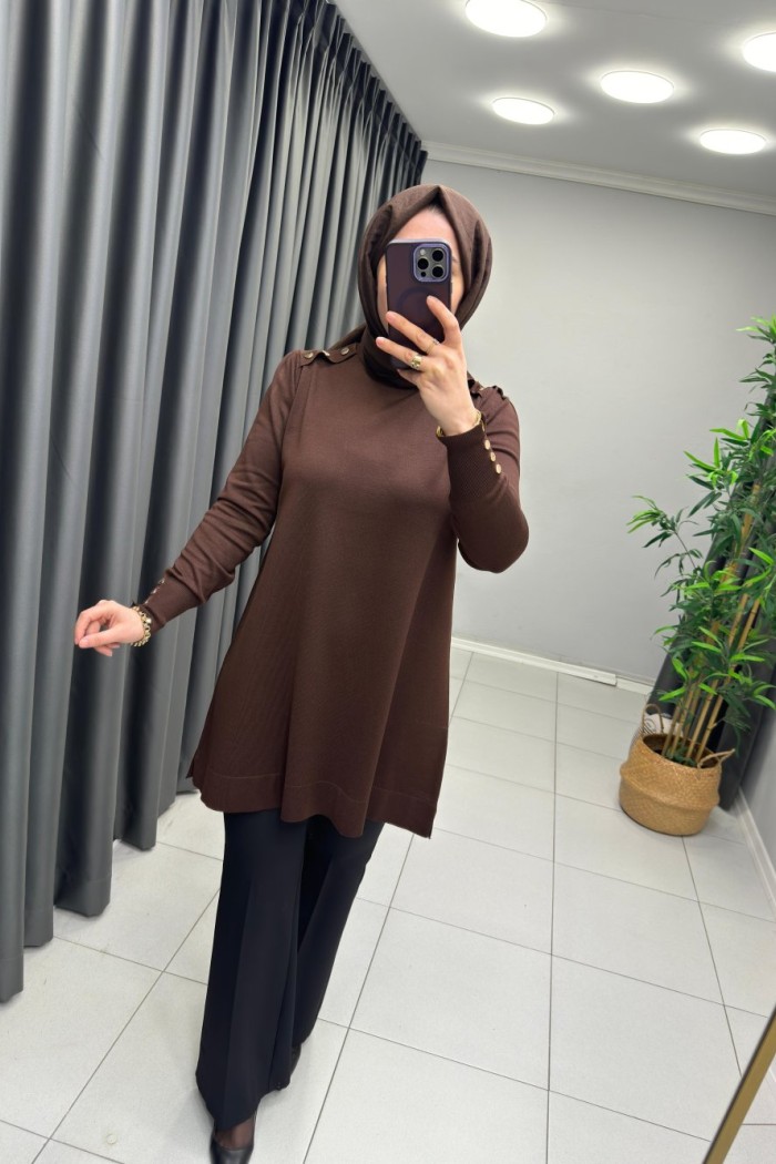 Omzu Patlı Merserize Tunik  Acı Kahve