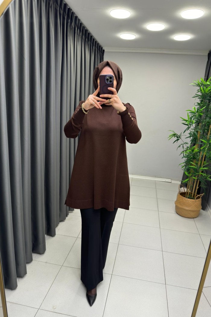 Omzu Patlı Merserize Tunik  Acı Kahve