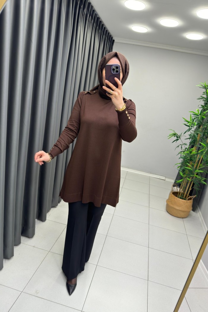 Omzu Patlı Merserize Tunik  Acı Kahve