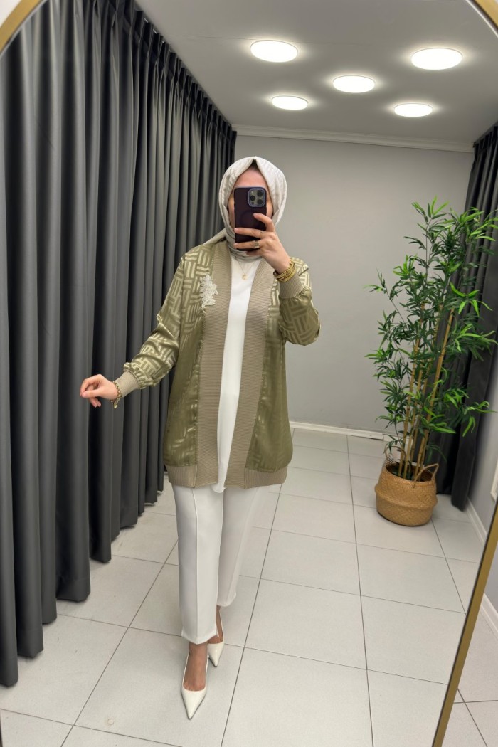 Jakarlı Saten Ceket   Haki