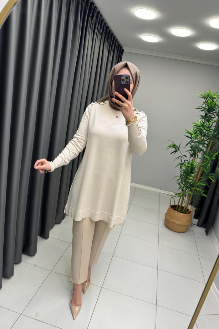 Omzu Patlı Merserize Tunik  Krem
