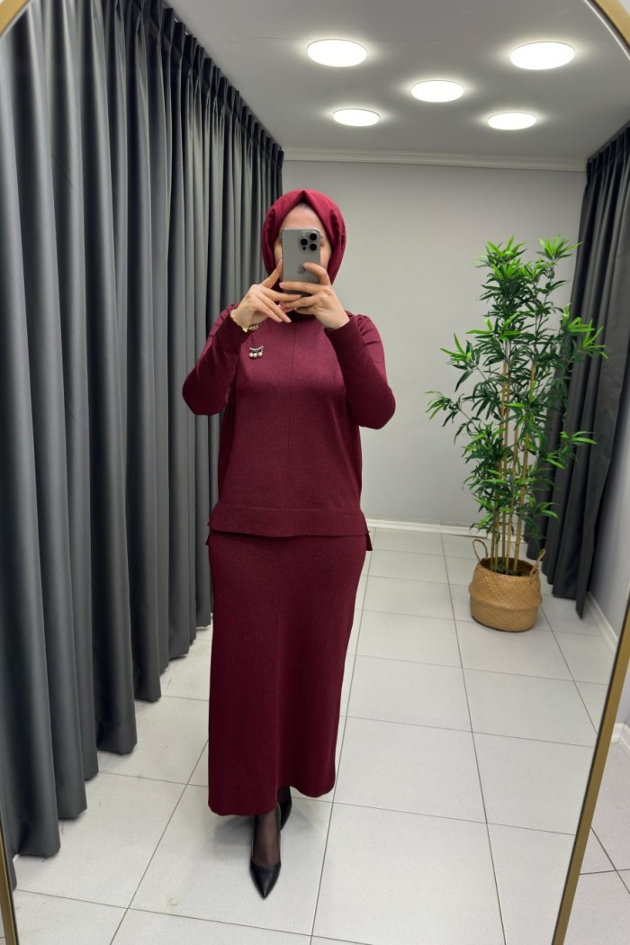 Işıltılı Merserize Etekli Takım  Bordo