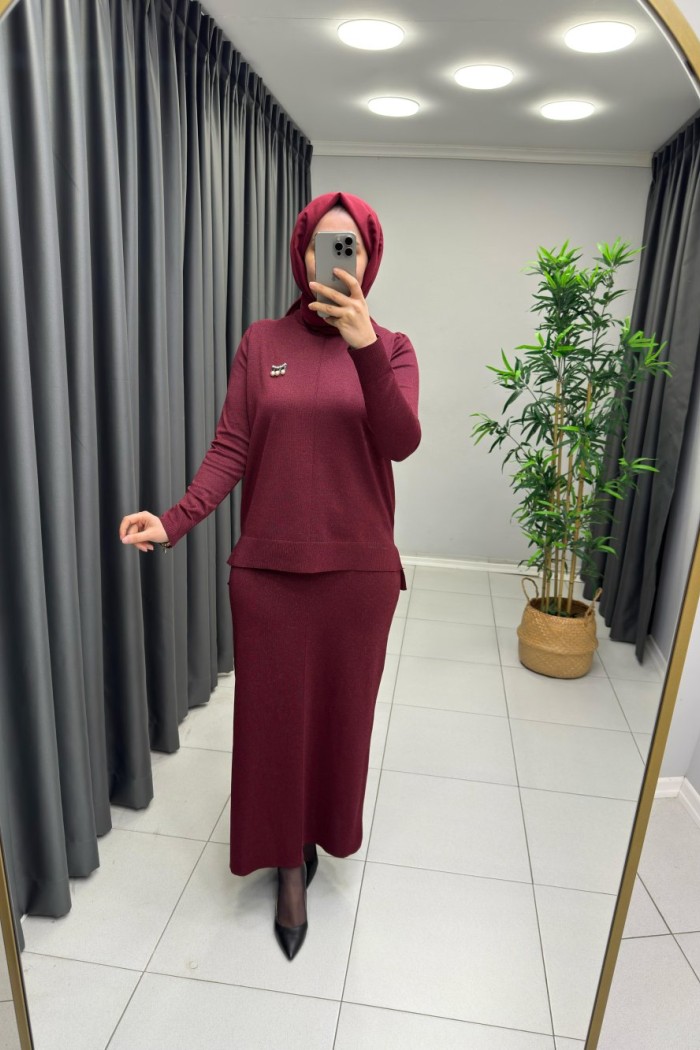 Işıltılı Merserize Etekli Takım  Bordo
