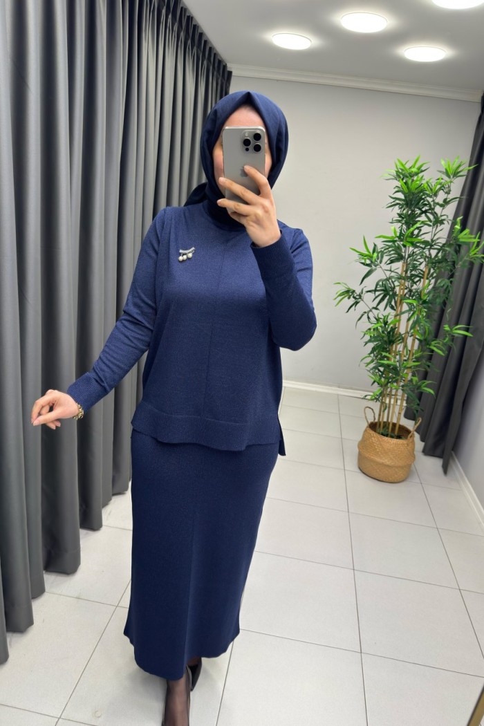 Işıltılı Merserize Etekli Takım  Lacivert