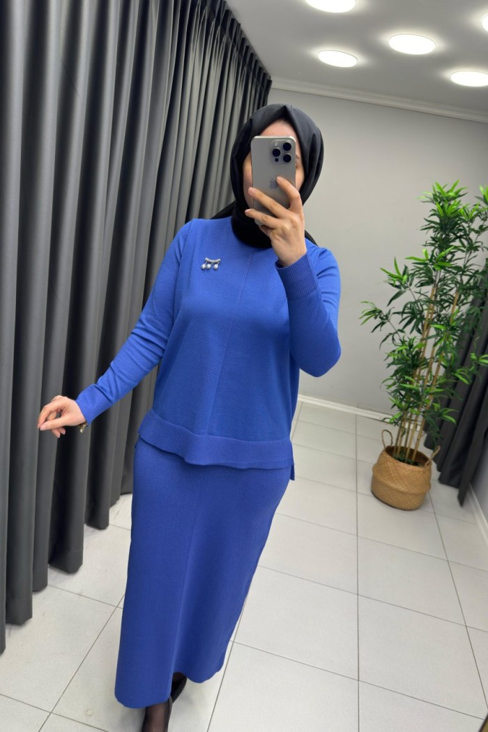 Işıltılı Merserize Etekli Takım  Saks Mavisi