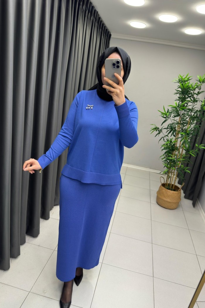 Işıltılı Merserize Etekli Takım  Saks Mavisi