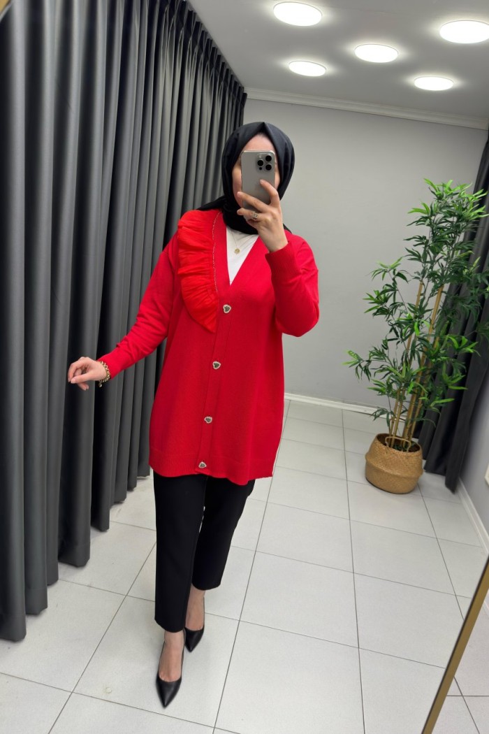 Fırfır Detaylı Merserize Hırka  Kırmızı
