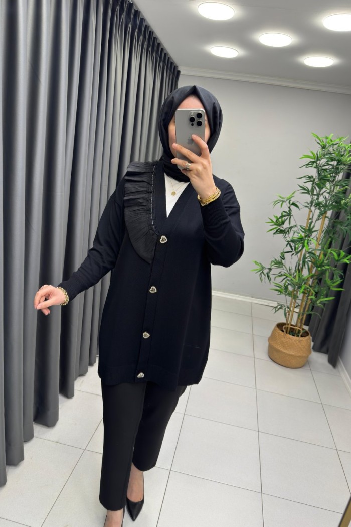 Fırfır Detaylı Merserize Hırka  Siyah