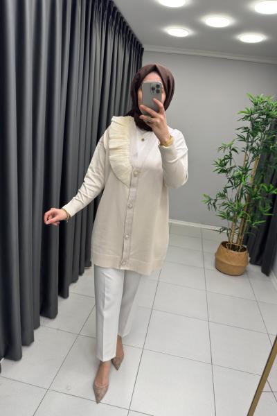 Fırfır Detaylı Merserize Hırka  Krem
