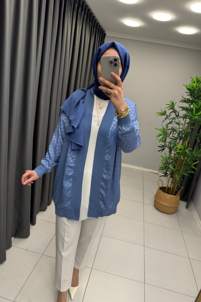 Jakar Saten Fırfır Detaylı Ceket  Mavi