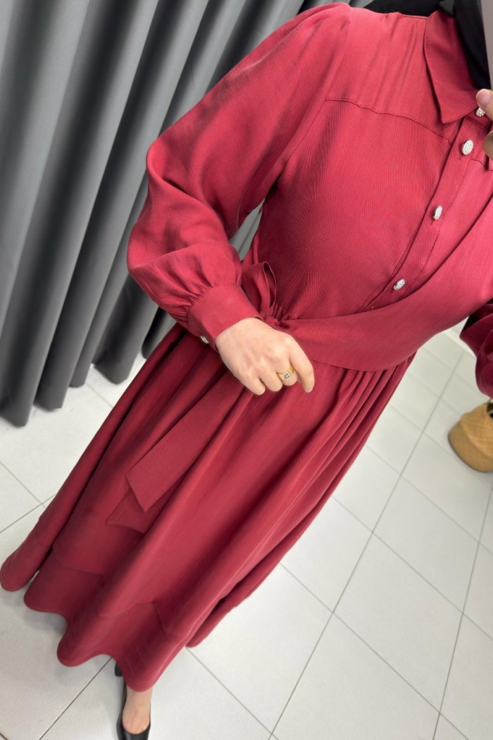 Bağlama Detaylı Taş Düğme Elbise Bordo
