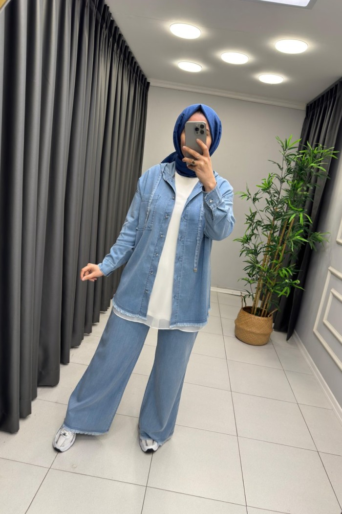 Perla Düğmeli Tensel Kot Takım  Mavi