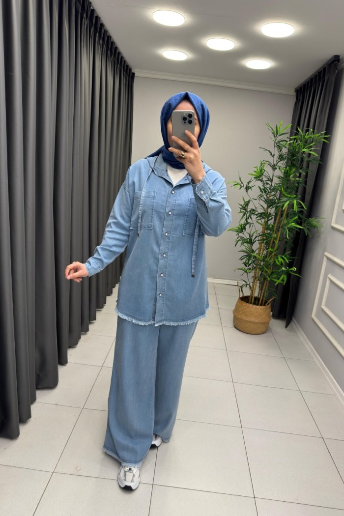 Perla Düğmeli Tensel Kot Takım  Mavi