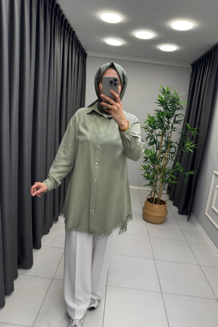 Bella Püskül Detay Gömlek  Mint Yeşili