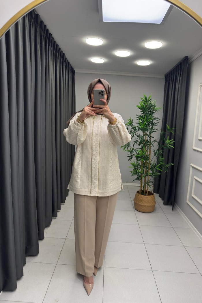 Çift Fermuarlı Keten Ceket  Bej
