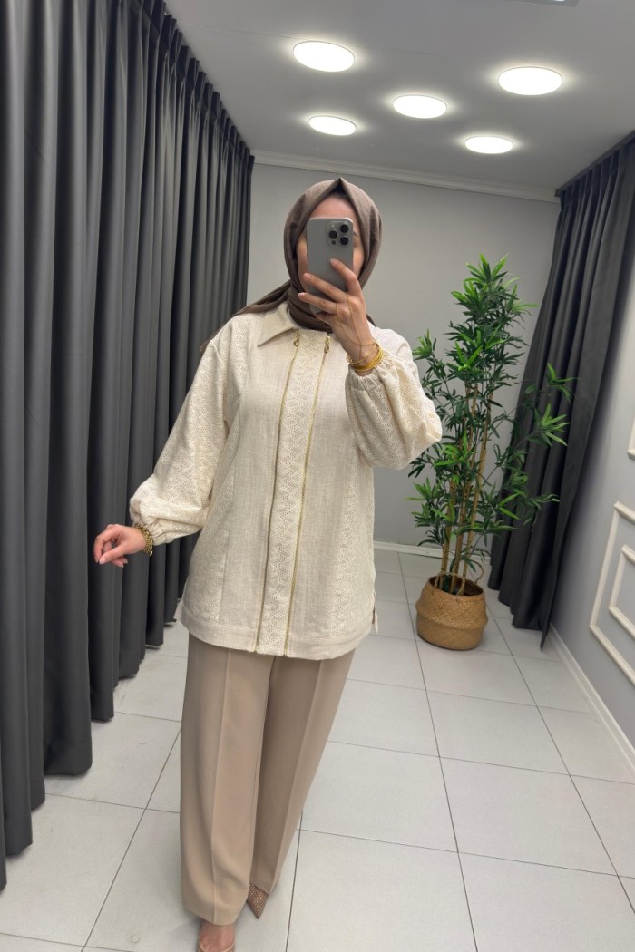 Çift Fermuarlı Keten Ceket  Bej