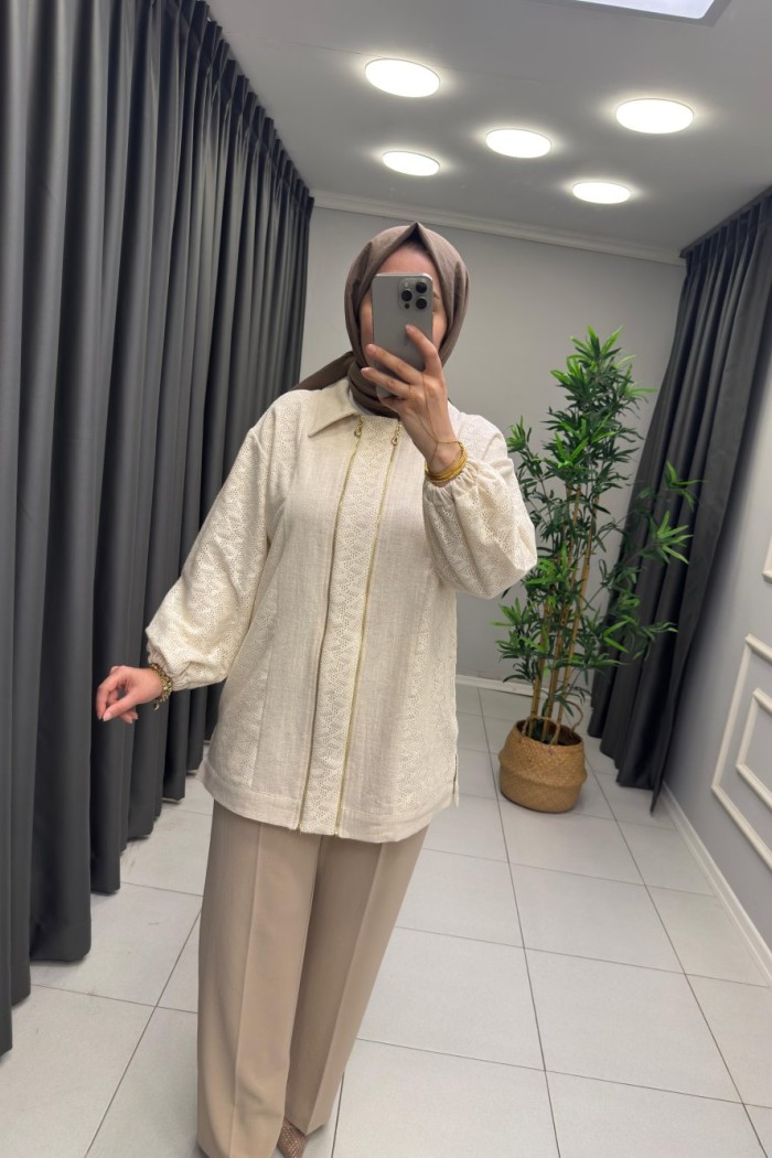 Çift Fermuarlı Keten Ceket  Bej