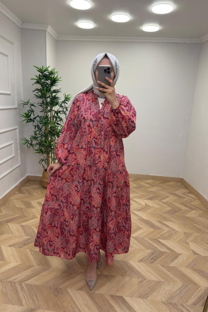 ETNİK DESEN ELBİSE Bordo