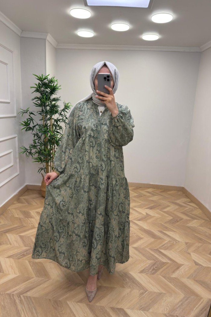 ETNİK DESEN ELBİSE Yeşil