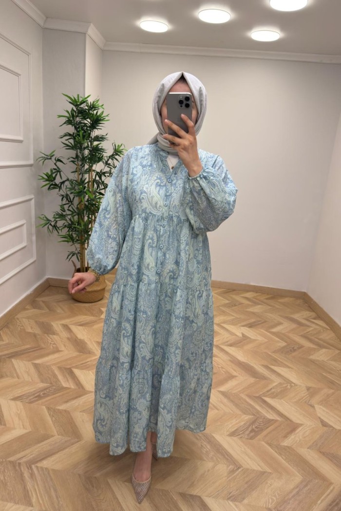 ETNİK DESEN ELBİSE Açık Mavi