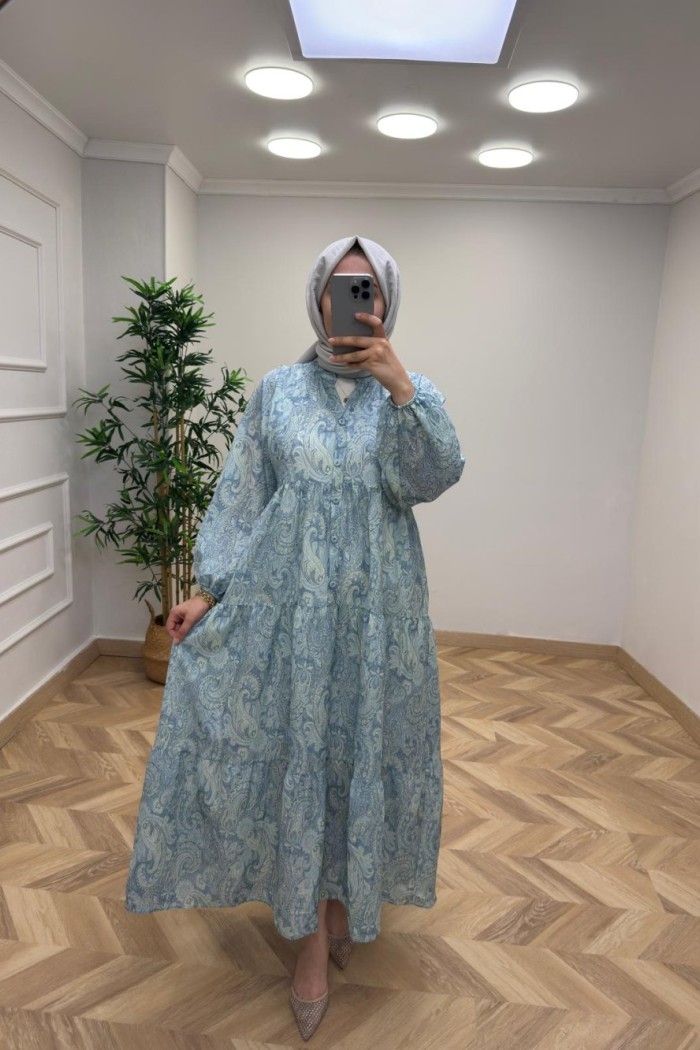 ETNİK DESEN ELBİSE Açık Mavi