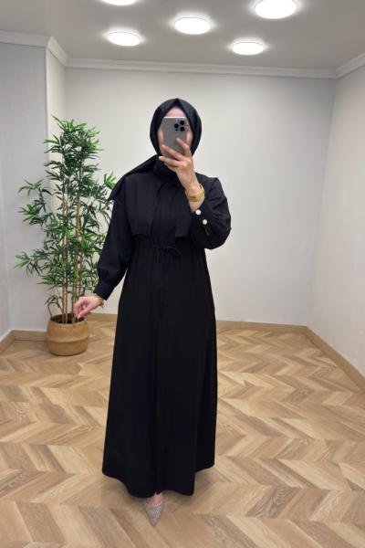 Başak Çilek Keten Elbise  Siyah