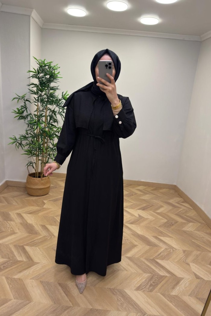 Başak Çilek Keten Elbise  Siyah