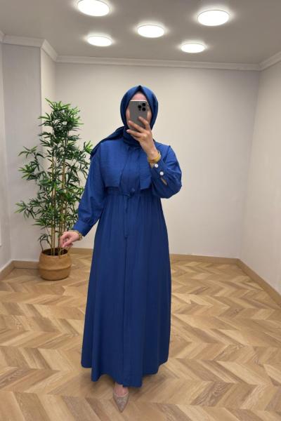 Başak Çilek Keten Elbise  Saks Mavisi