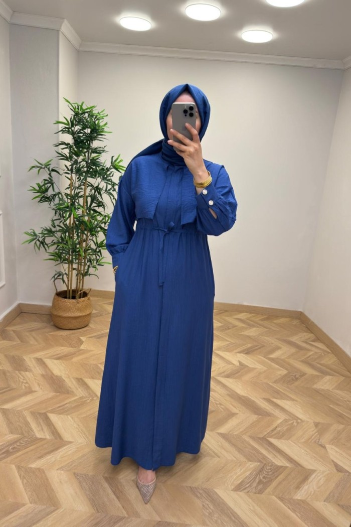 Başak Çilek Keten Elbise  Saks Mavisi