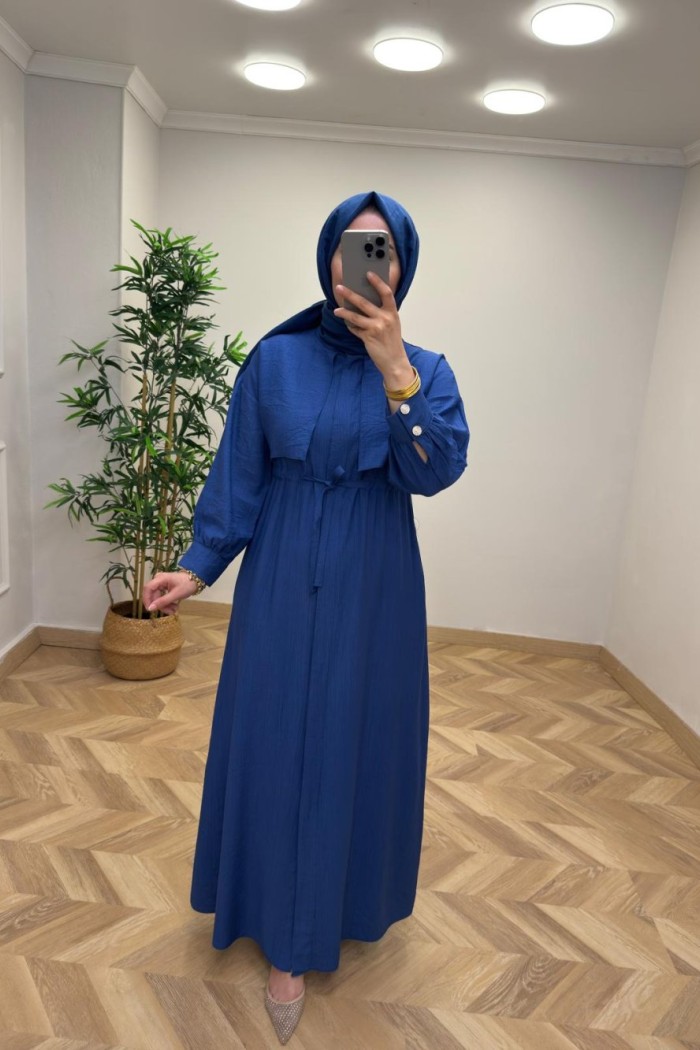 Başak Çilek Keten Elbise  Saks Mavisi